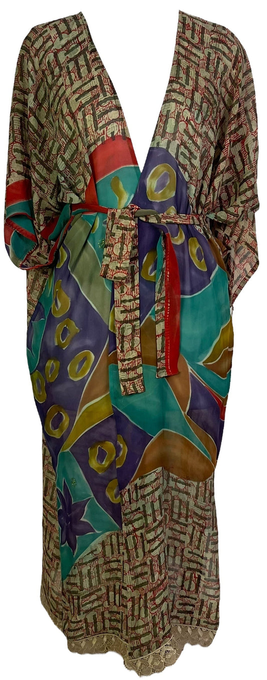 PRG6784 Sheer Avatar Long Pure Silk Kimono Sleeved Duster with Belt