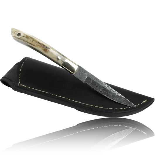 AKARI Skinner Knife 3.5 inch with Stag Horn Handle and Original Leather Sheath