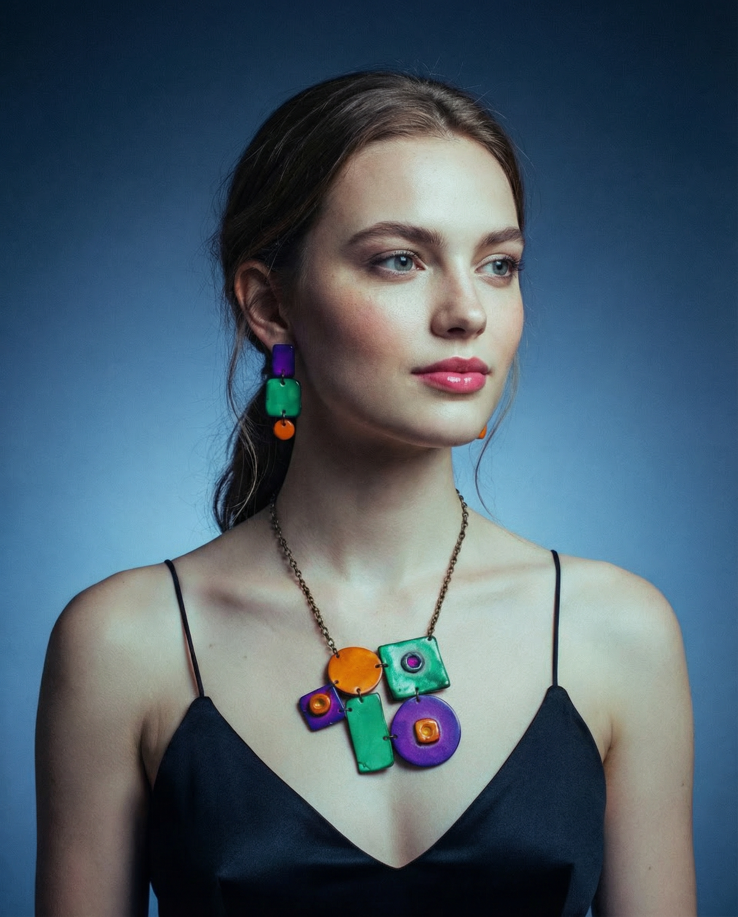 Geometric Statement Jewelry Set, Necklace & Earrings, Turquoise, Purple & Yellow