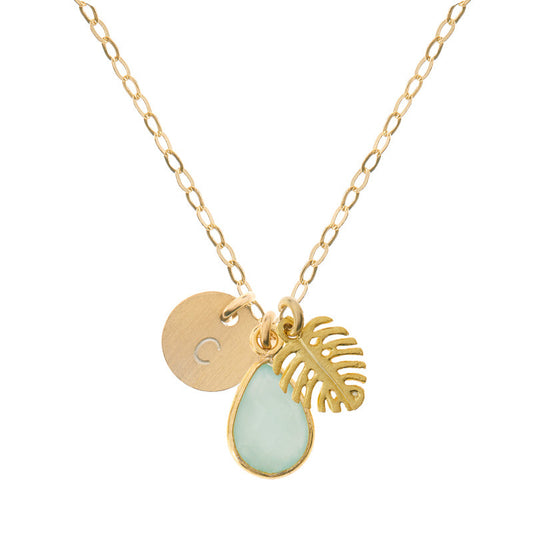 Golden Monstera Chalcedony Initial Necklace