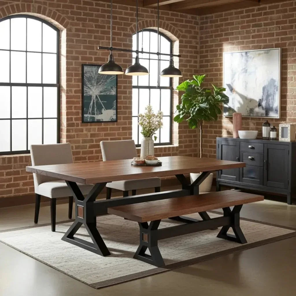 Table à diner patte en X noir mat avec plateau en Acacia Brun et 1 Banc patte en X noir mat en bois d'acacia brun