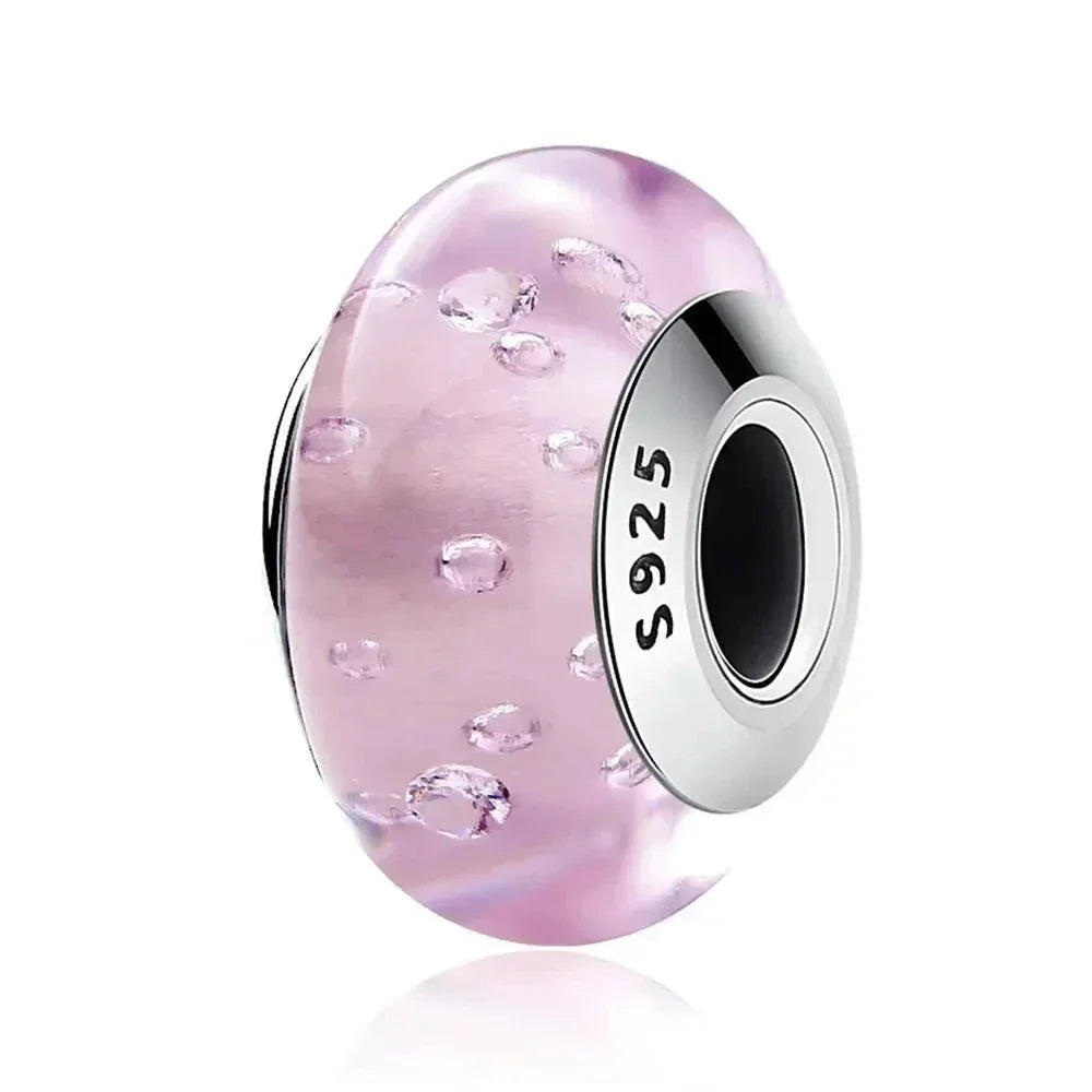 925 Sterling Silver Pink Flower Murano Glass Beads - Diy Bracelet Charms For A Festive Touch (Scz001)