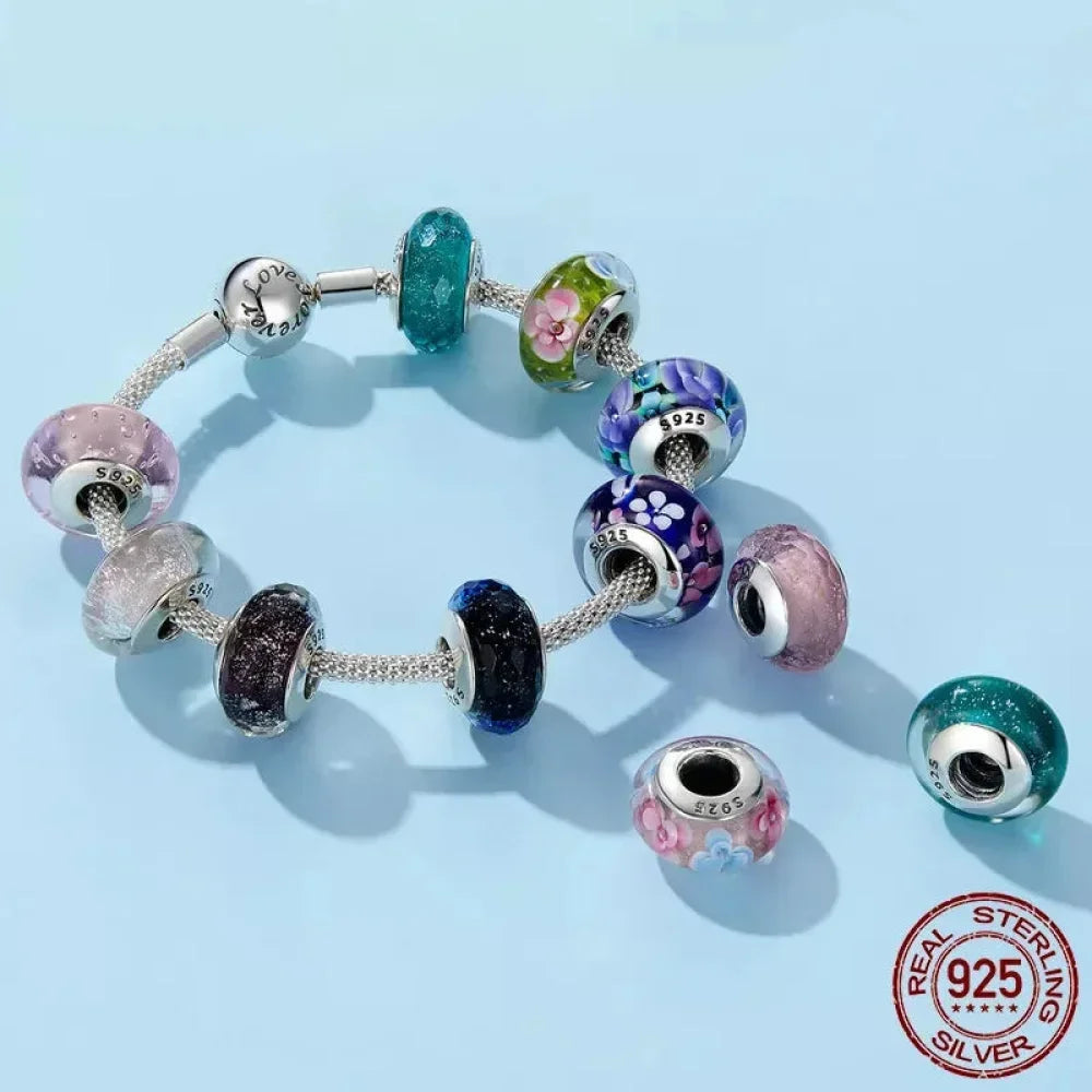 925 Sterling Silver Pink Flower Murano Glass Beads - Diy Bracelet Charms For A Festive Touch (Scz001)