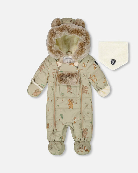 One-Piece Baby Layette Snowsuit Designed For Car Seat Green Animal Print