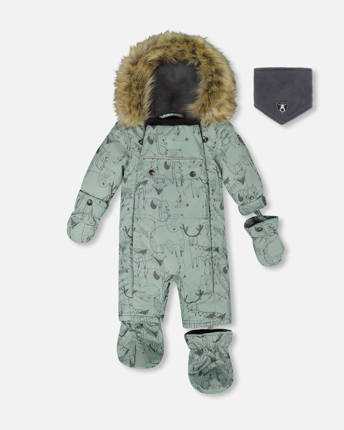 One-Piece Baby Play Snowsuit Designed For Car Seat Sage Animal Print