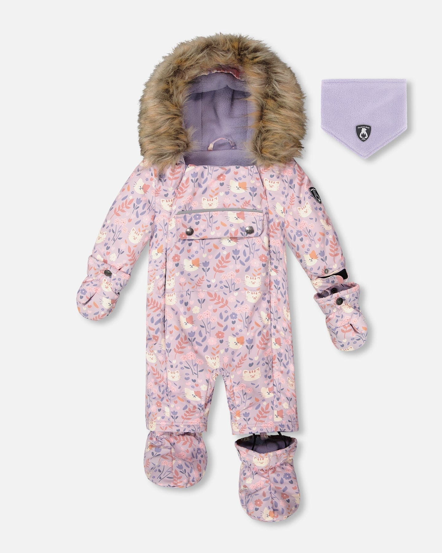 One-Piece Baby Play Snowsuit Designed For Car Seat Lilac Cat Print