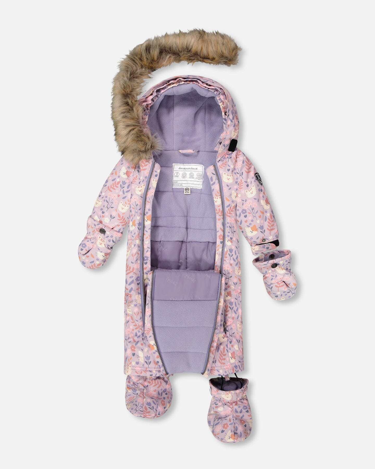 One-Piece Baby Play Snowsuit Designed For Car Seat Lilac Cat Print
