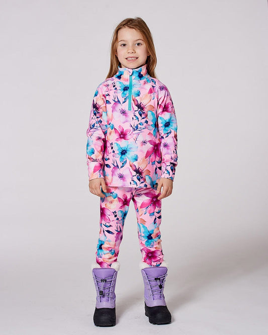 Two-Piece Thermal Underwear Set Pink Watercolor Flower Print