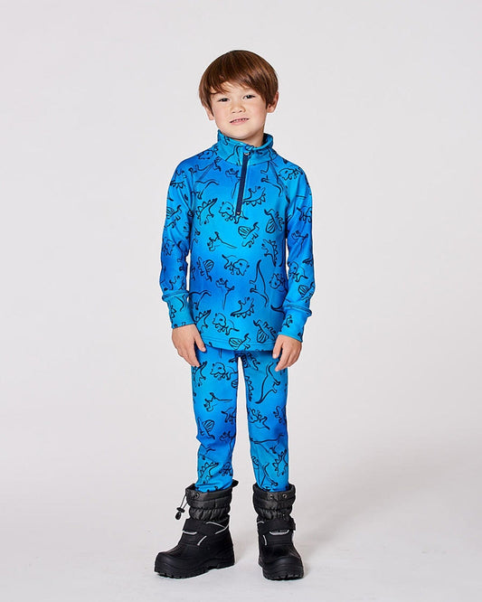 Two-Piece Thermal Underwear Set Blue Gradient Dinosaur Print