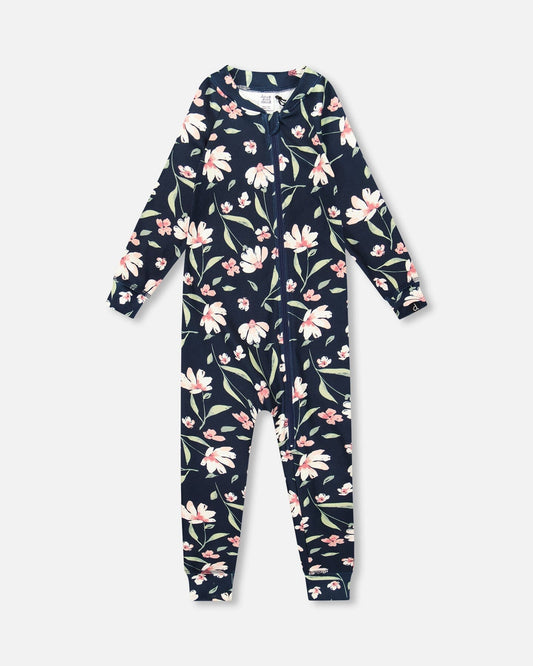 One-Piece Thermal Underwear Navy Flower Print