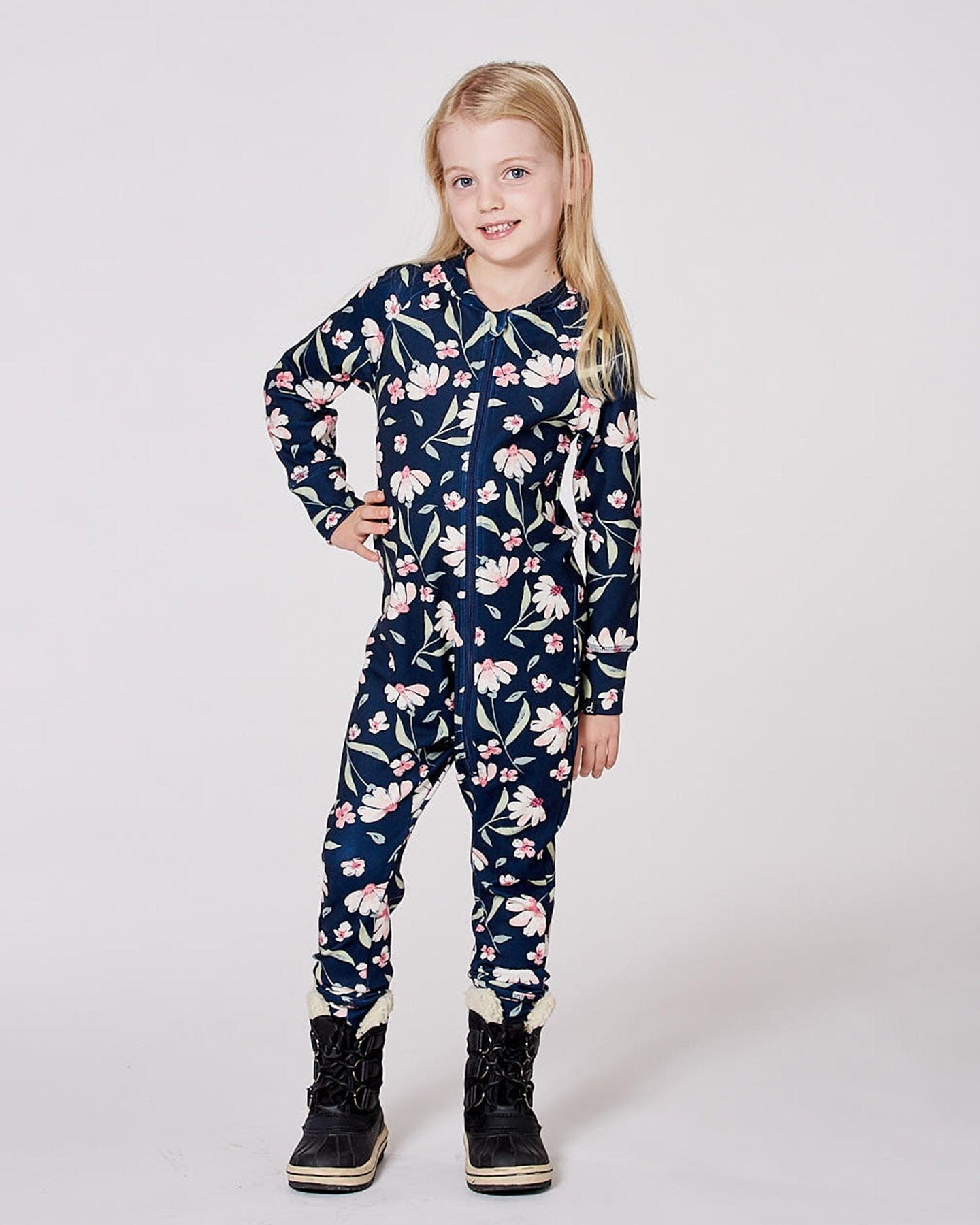 One-Piece Thermal Underwear Navy Flower Print