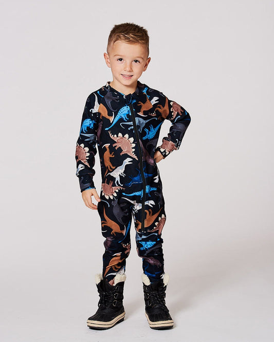 One-Piece Thermal Underwear Black Dinosaur Print