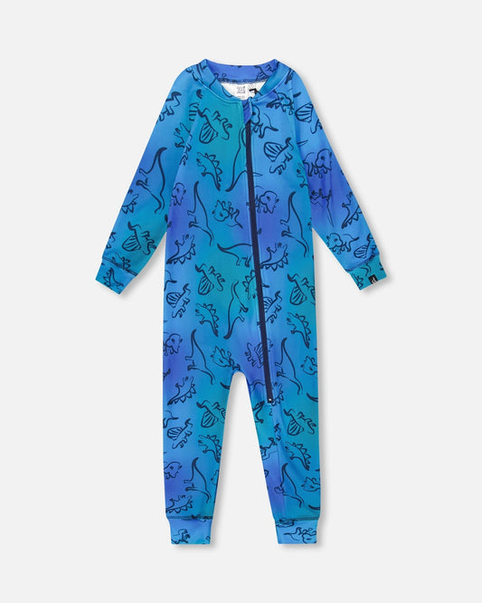 One-Piece Thermal Underwear Blue Gradient Dinosaur Print