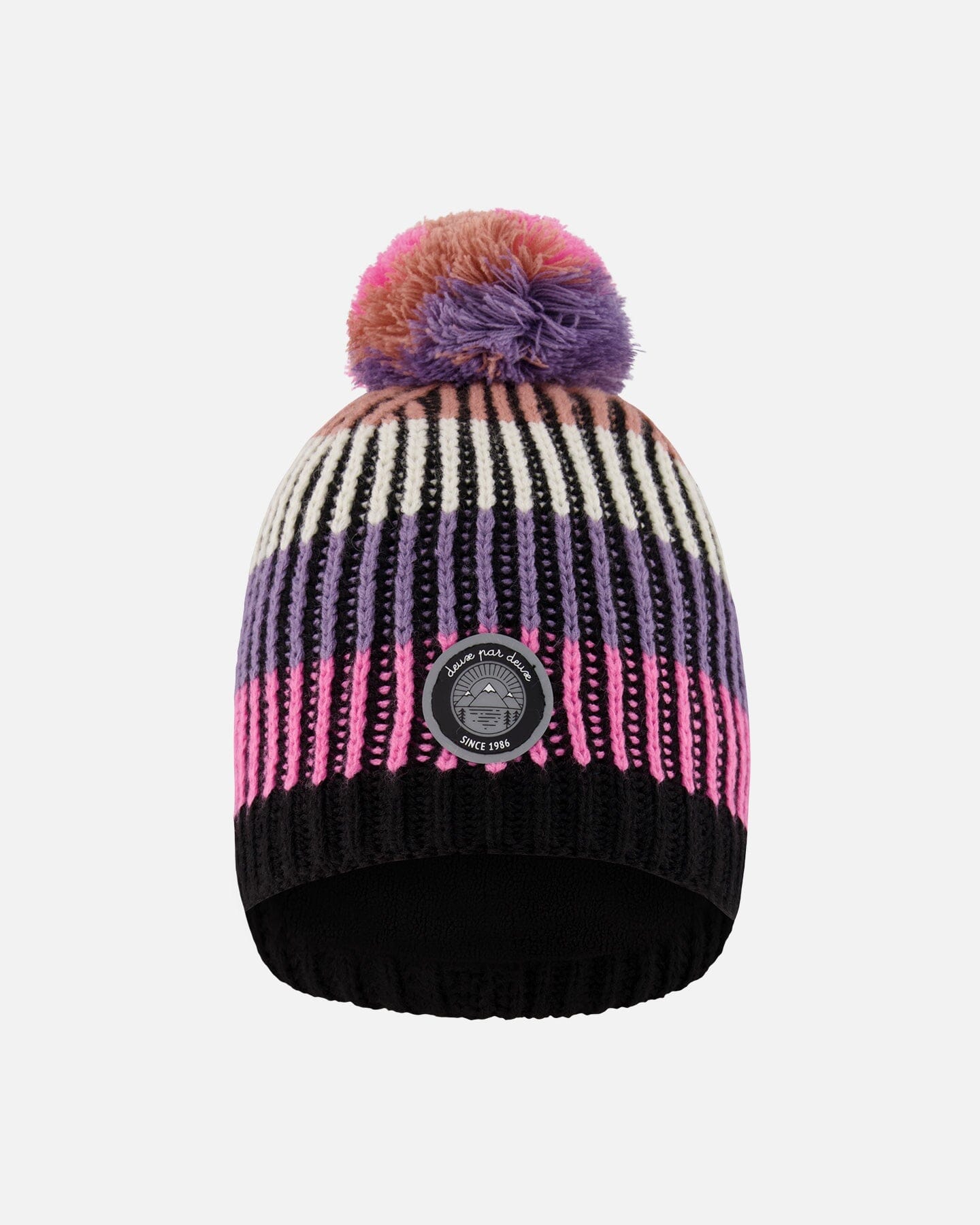 Lined Knit Pompom Hat Pink And Purple And Black