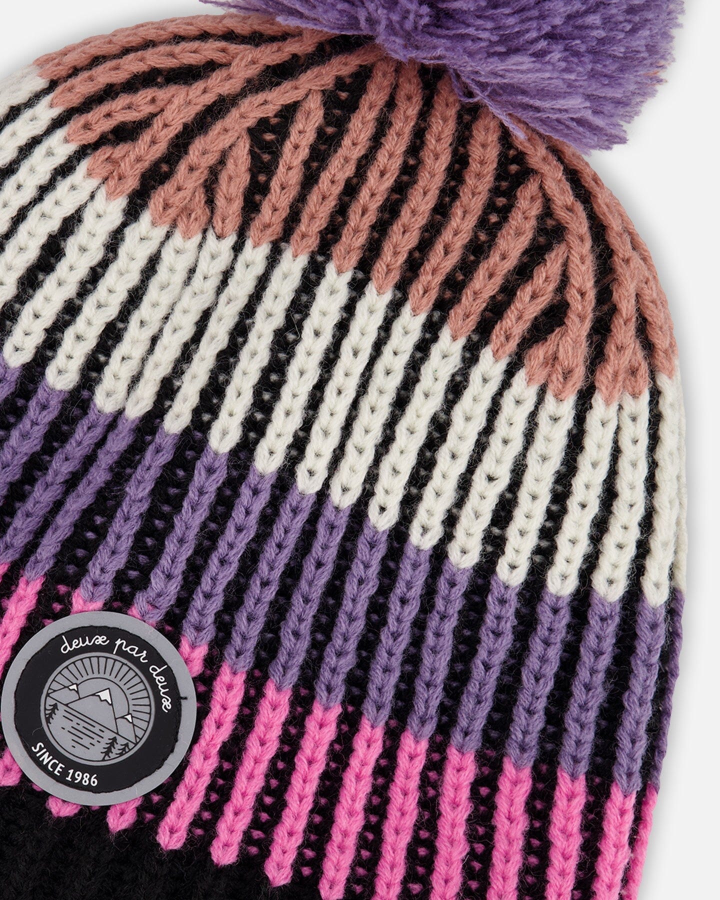 Lined Knit Pompom Hat Pink And Purple And Black