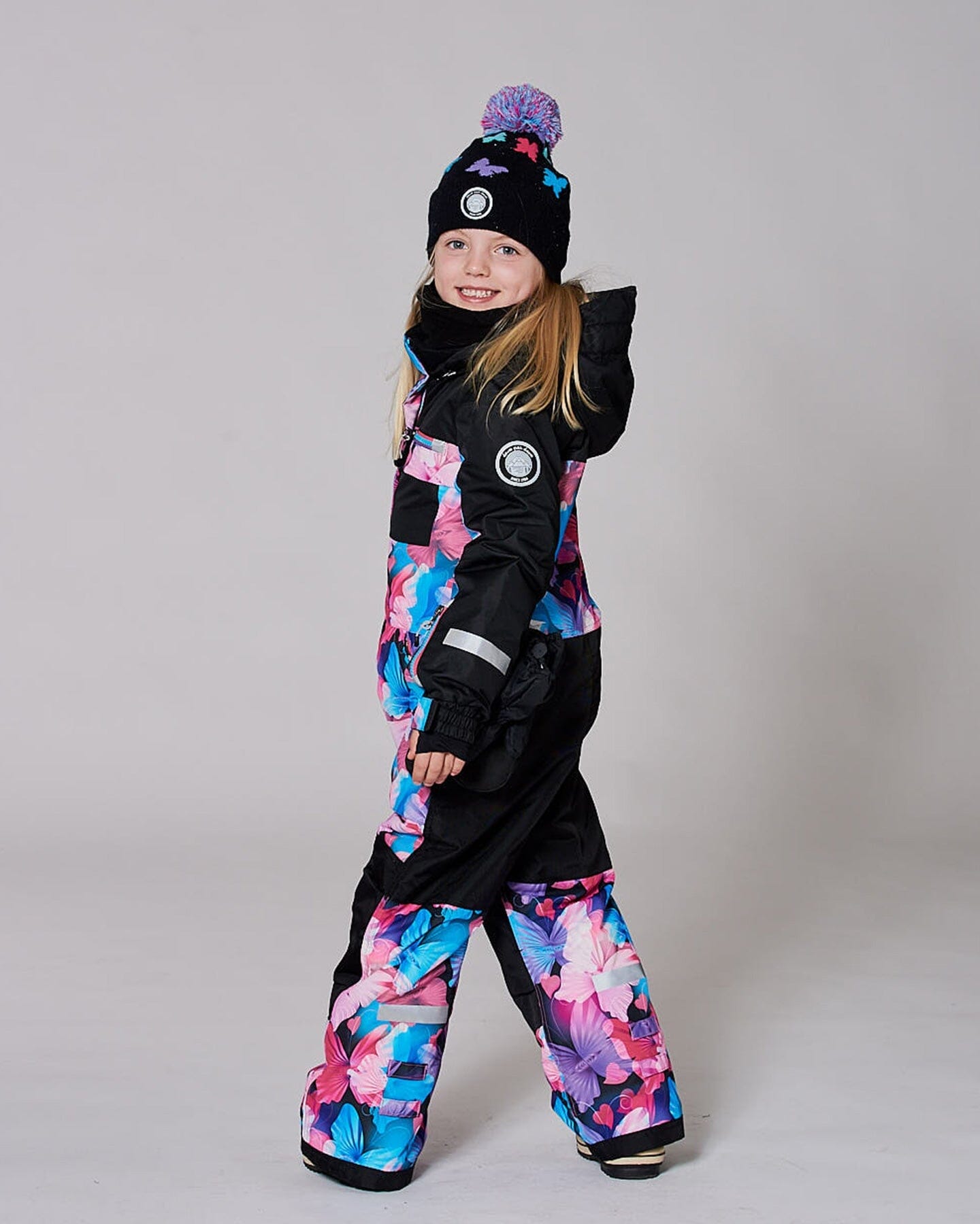 Lined Knit Pompom Hat Black Butterfly Pattern