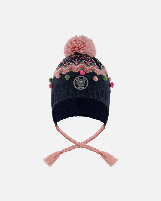 Lined Peruvian Knit Pompom Hat Navy Blue And Pink