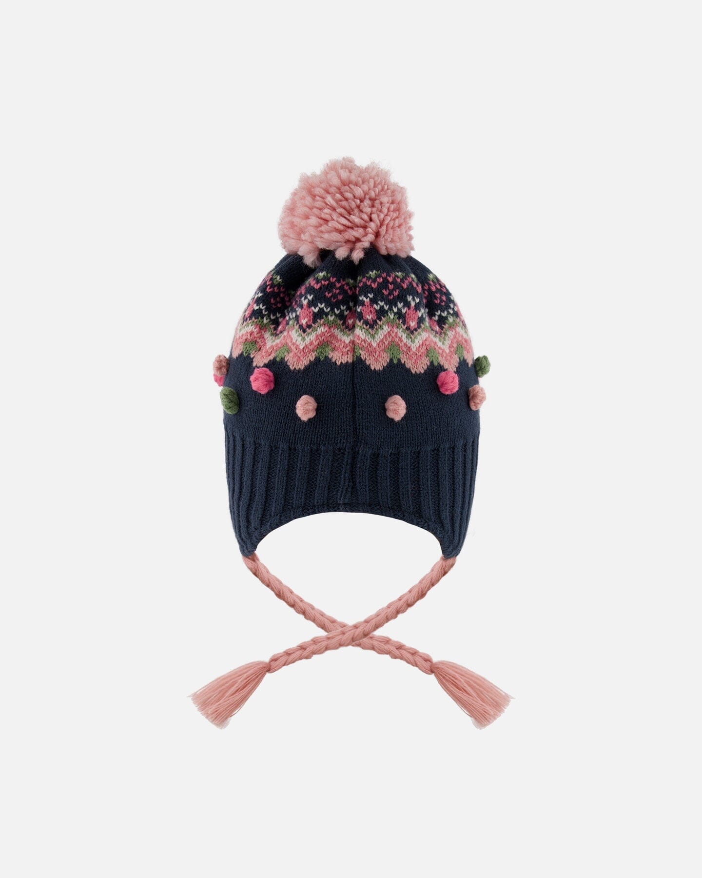 Lined Peruvian Knit Pompom Hat Navy Blue And Pink