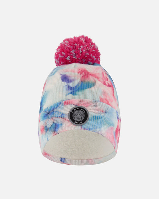 Lined Knit Pompom Hat Blue Flower Print