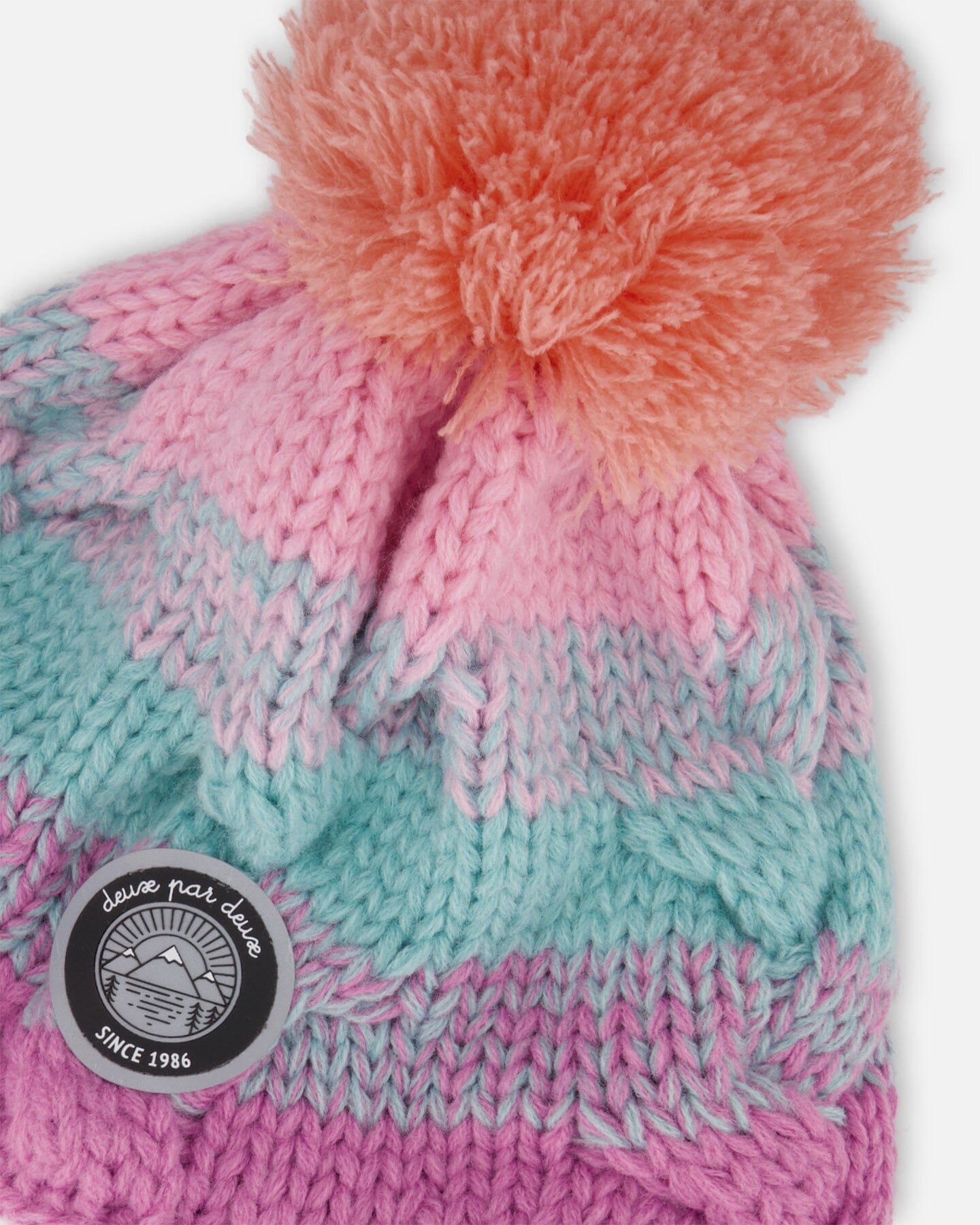 Lined Peruvian Knit Pompom Hat Pink, Orange And Turquoise
