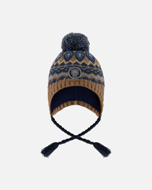 Lined Peruvian Knit Pompom Hat Taupe And Navy