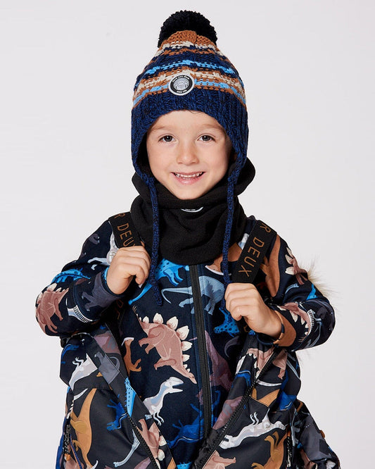 Lined Peruvian Knit Winter Hat With Pompom Taupe And Navy