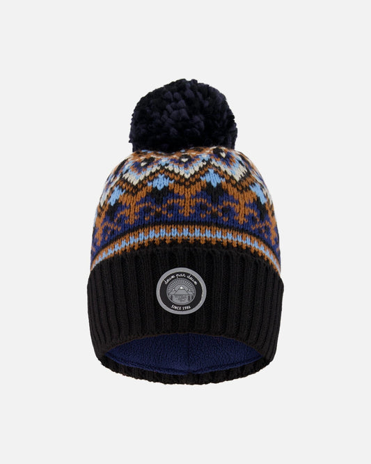 Lined Knit Winter Hat With Pompom Taupe And Navy