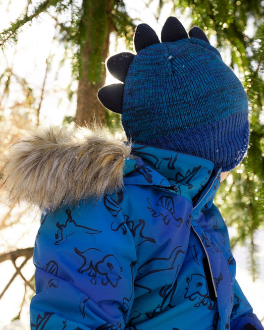 Lined Dino Peruvian Knit Winter Hat With Pompom Blue