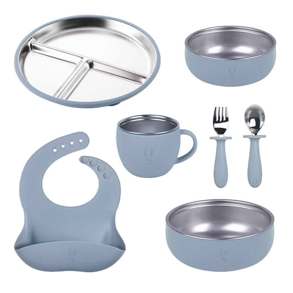 Premium 7-Piece Silicone & Stainless Steel Kids Dinnerware Set | Feeding Set