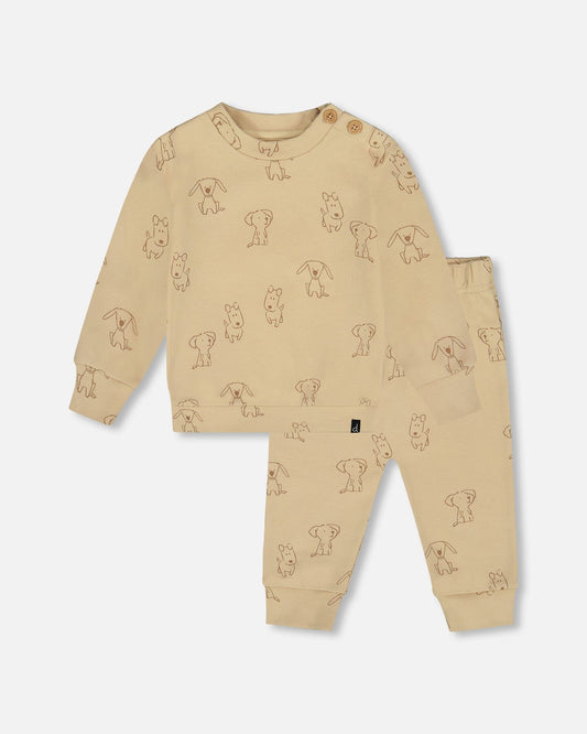 Organic Cotton Pant And Top Set Beige Printed Dogs
