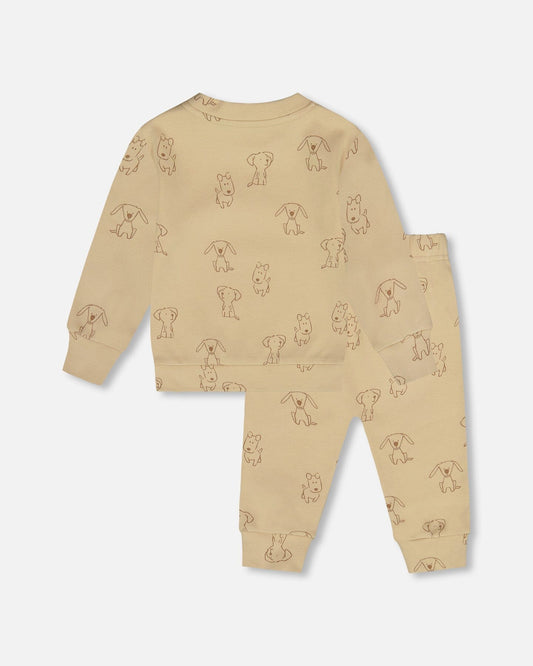 Organic Cotton Pant And Top Set Beige Printed Dogs
