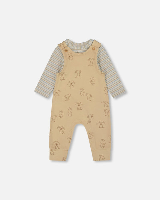 Organic Cotton Onesie With Overalls Set Beige Printed Dogs
