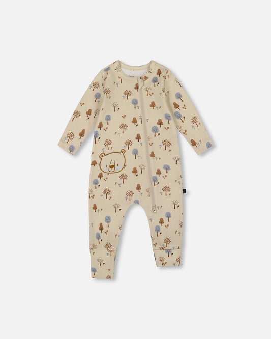 Organic Cotton Zipped Romper Beige Tree Print