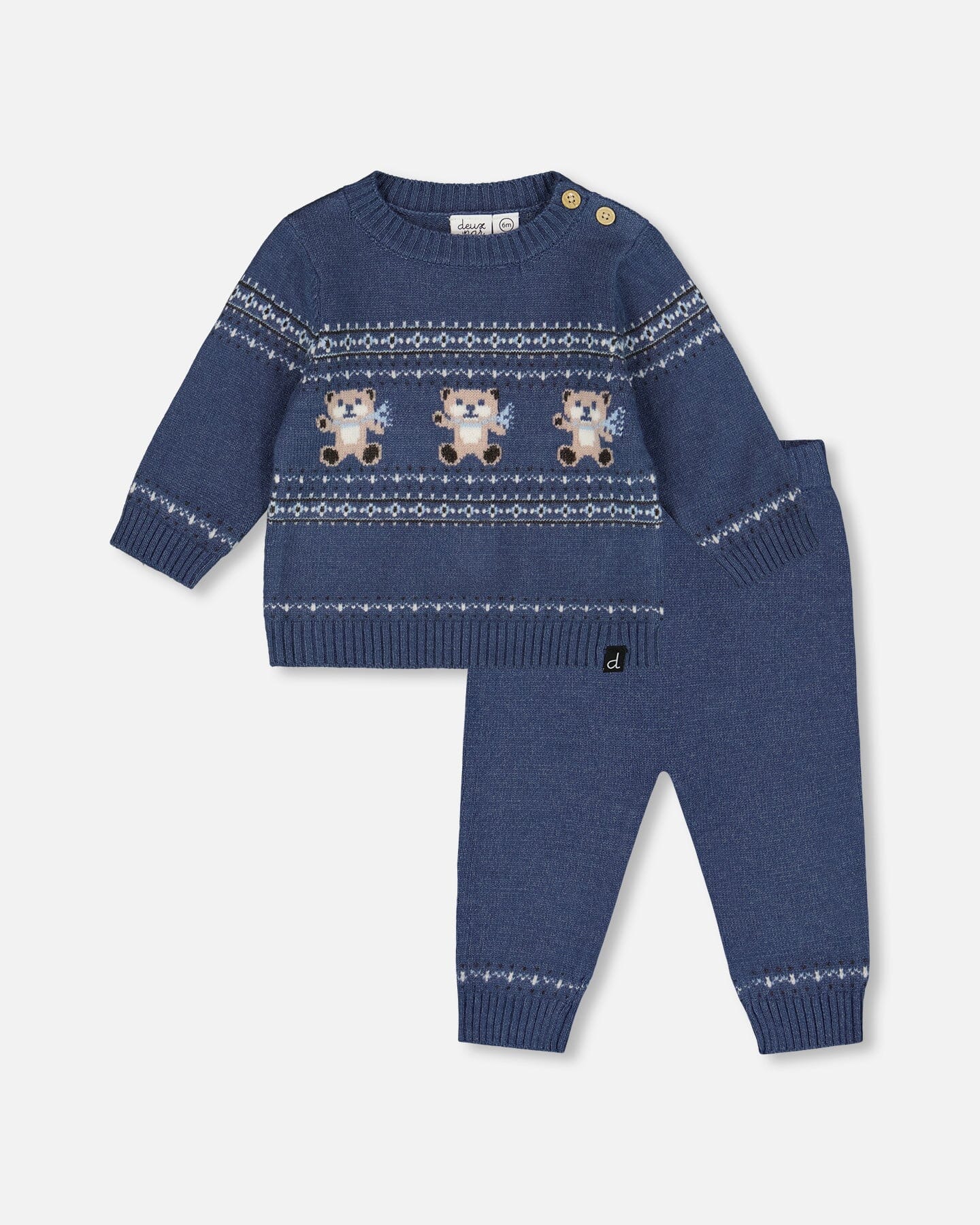Knitted Jacquard Sweater And Pant Set Blue Gray With Bears
