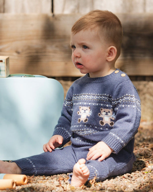 Knitted Jacquard Sweater And Pant Set Blue Gray With Bears