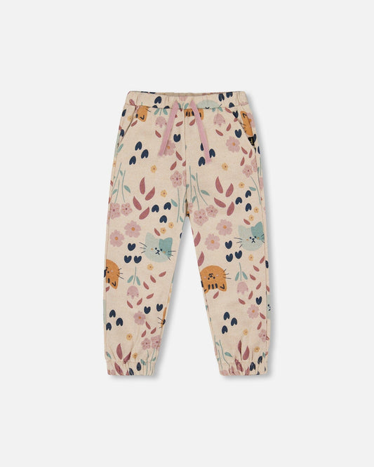 Glittering French Terry Sweatpant Beige Cat Print
