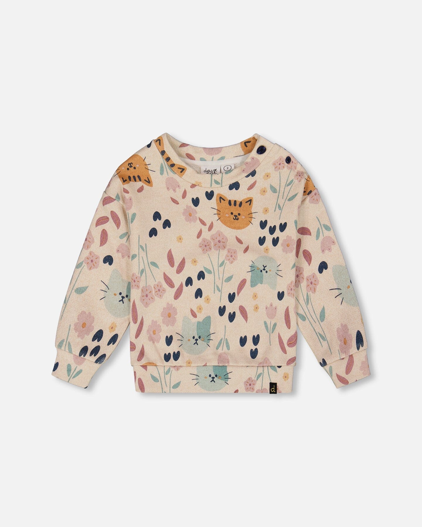 Glittering French Terry Sweatshirt Beige Cat Print