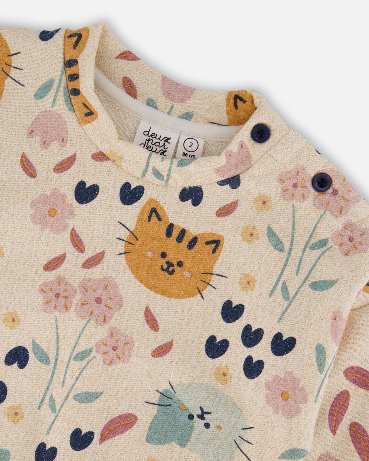 Glittering French Terry Sweatshirt Beige Cat Print