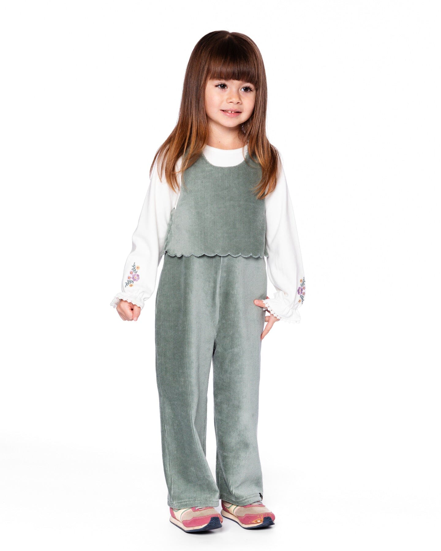Stretch Velour Faux-Layered Overalls Jade Green