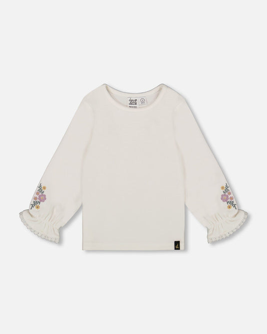 Jersey Top Off-White With Embroidered Floral Sleeves