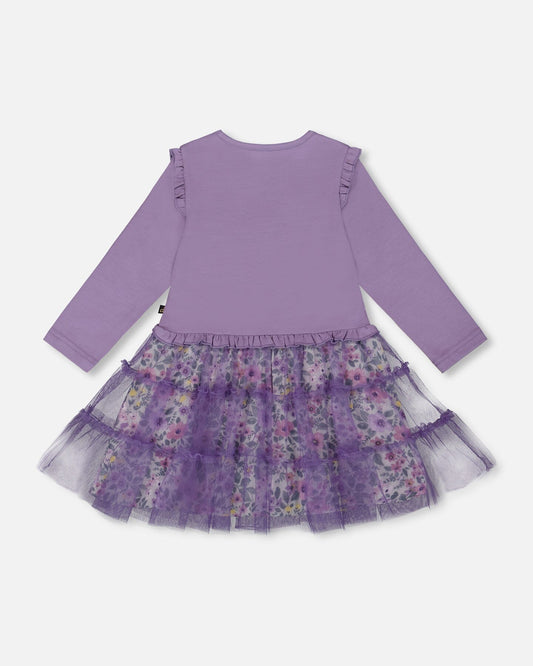 Bi-Material Dress With Muslin And Mesh Skirt Purple Gray