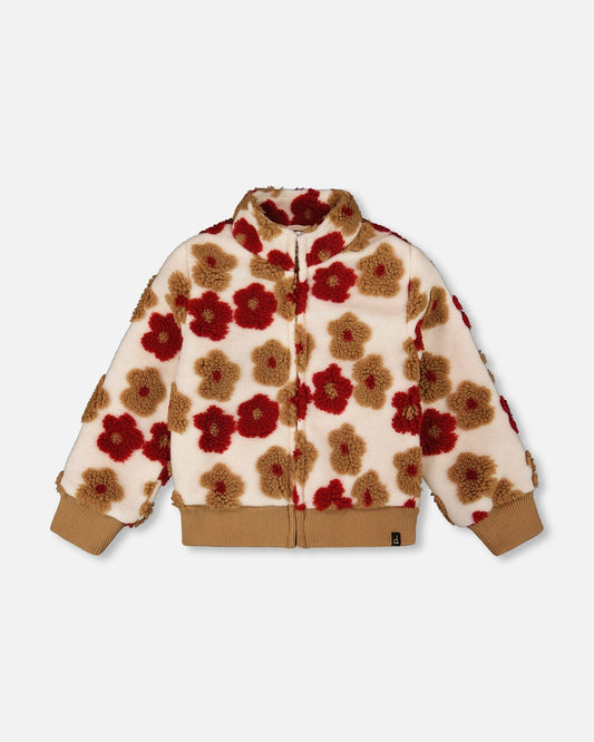 Full Zip Sherpa Jacket With Jacquard Floral Pattern Beige And Red