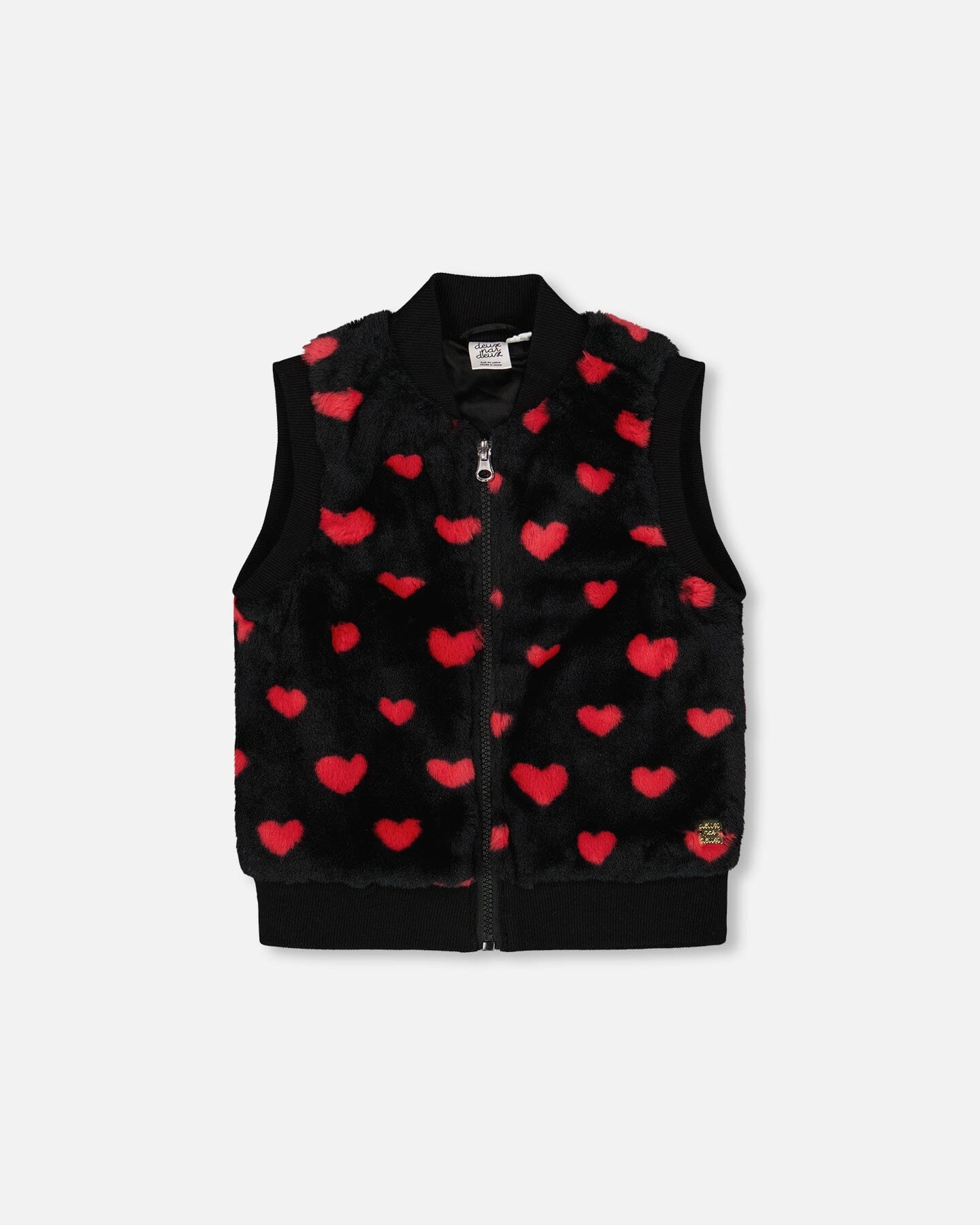 Faux Fur Sleeveless Vest Black And Red With Hearts