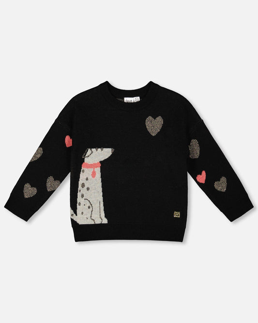 Knit Sweater Black With Dalmatian And Hearts