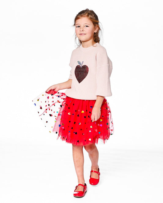 Tulle Skirt Red With Iridescent Heart Confettis