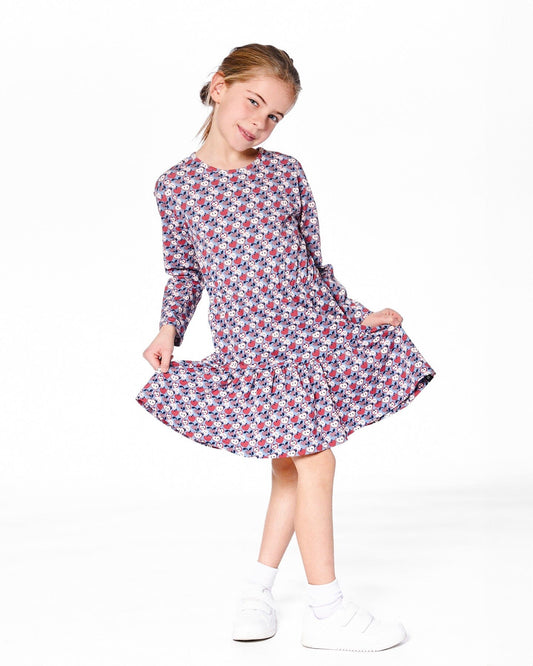 Organic Cotton Dress With Flounce Hem Blue Apple Print