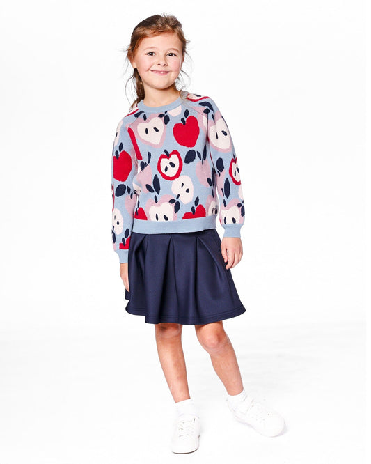 Knit Sweater Blue And Red With Apple Heart Jacquard