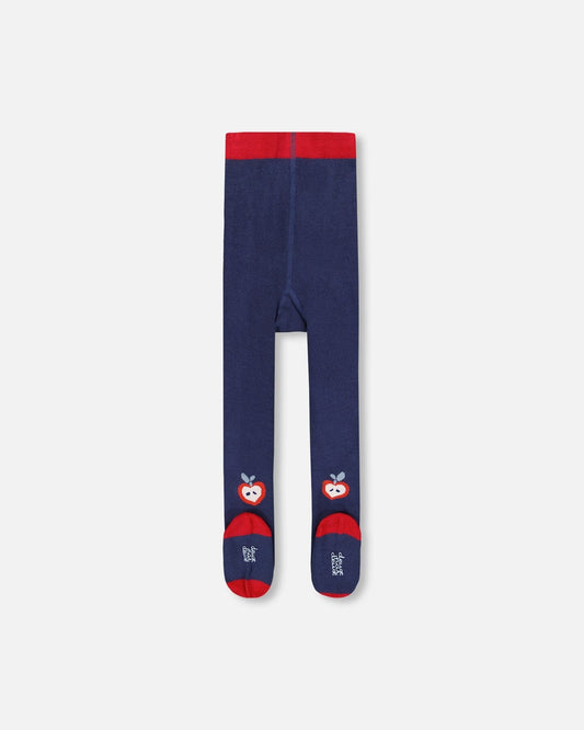 Knit Tights Navy Blue With Apples
