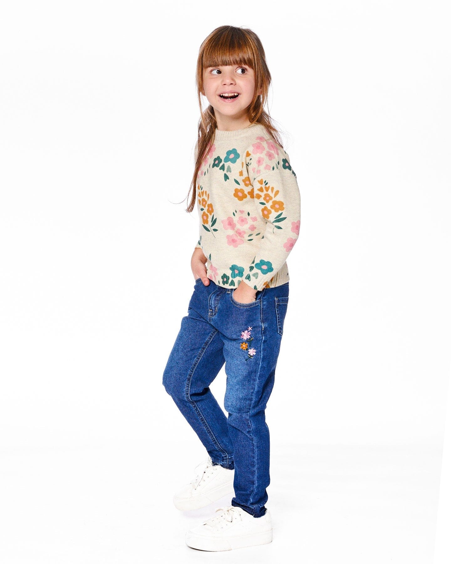 Jeans Blue Denim With Frayed Hems And Floral Embroideries