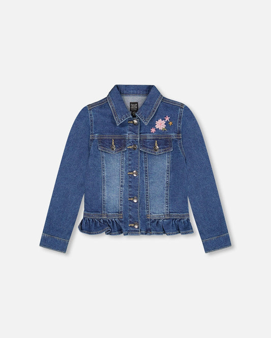 Denim Jacket Blue With Ruffle Hem And Floral Embroidery